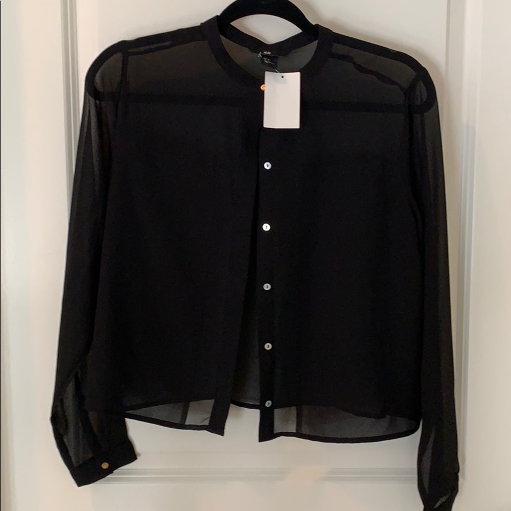 NWT H&M Black Sheer Cropped Blouse Placket Buttons